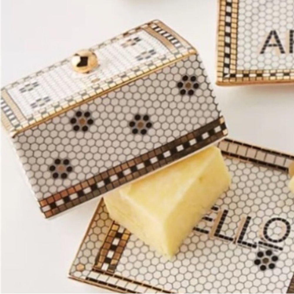 New Anthropologie Bistro Tile Butter 'Hello' Black White 2-Pc Stoneware Dish